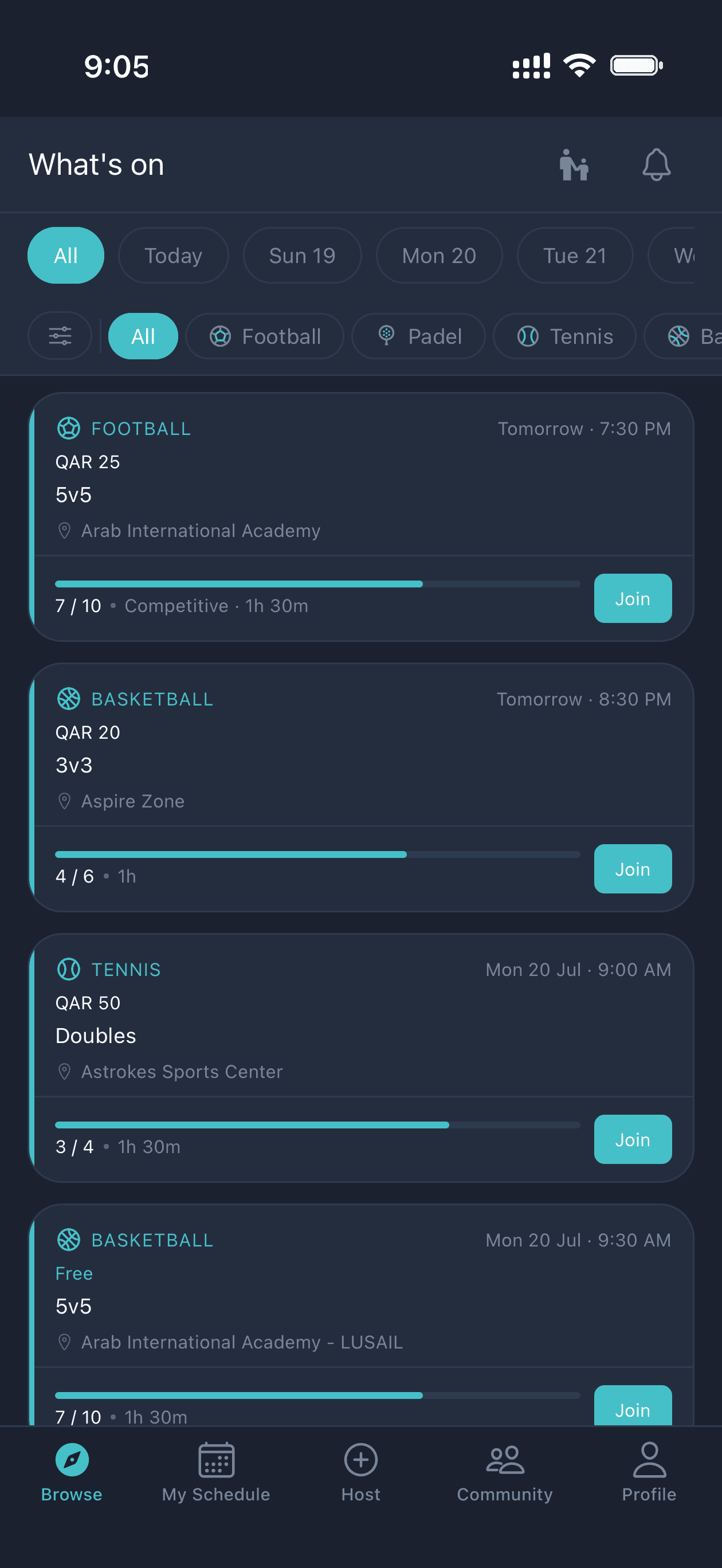 Plus 1 Sports discover screen showing available games