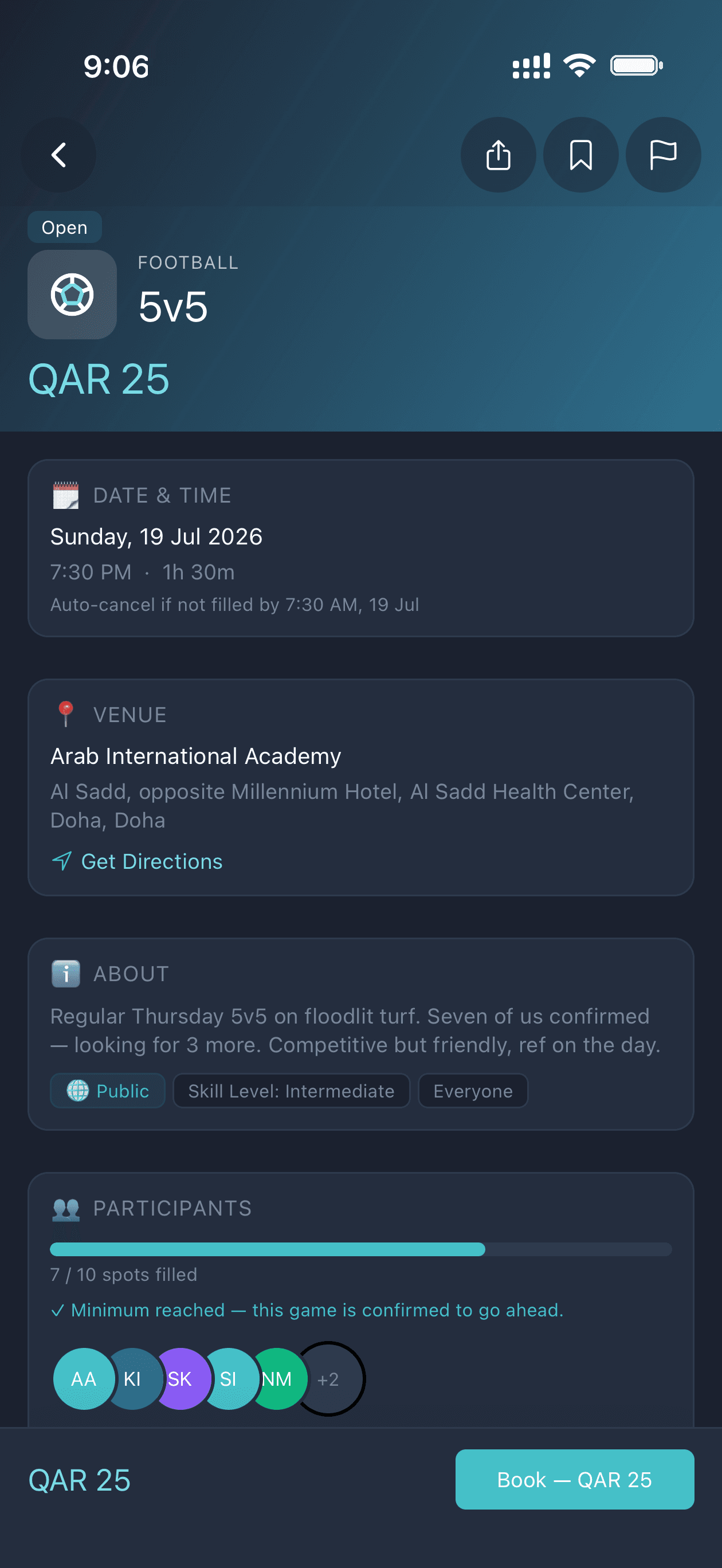 Plus 1 Sports game detail screen showing booking information